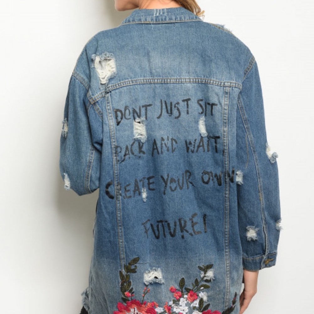 Last 1 SIZE M! 100% COTTON DENIM DISTRESSED JACKET - Picture 4 of 6